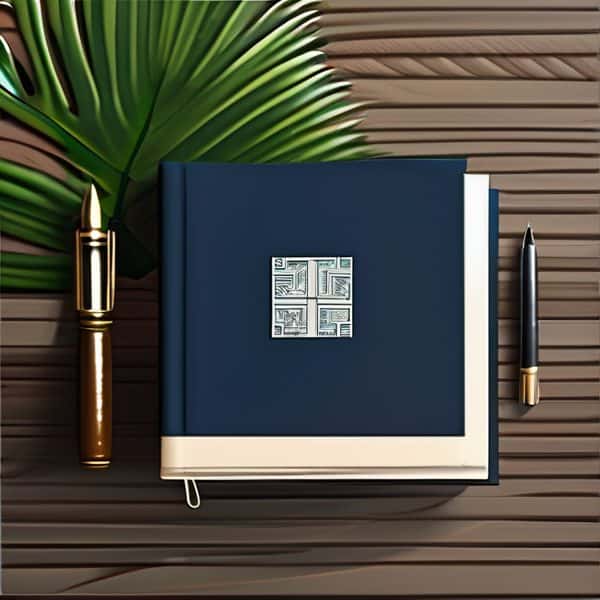 Stylish navy notebook with gold pen and green leaf on wooden surface.