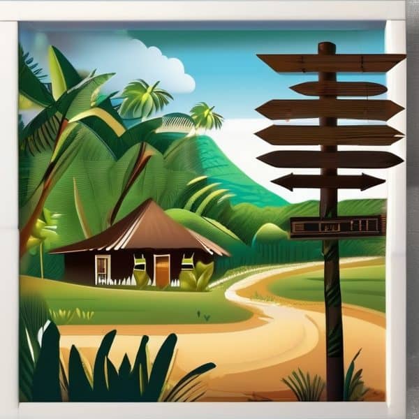 Vibrant tropical landscape mural with lush greenery and a traditional hut.