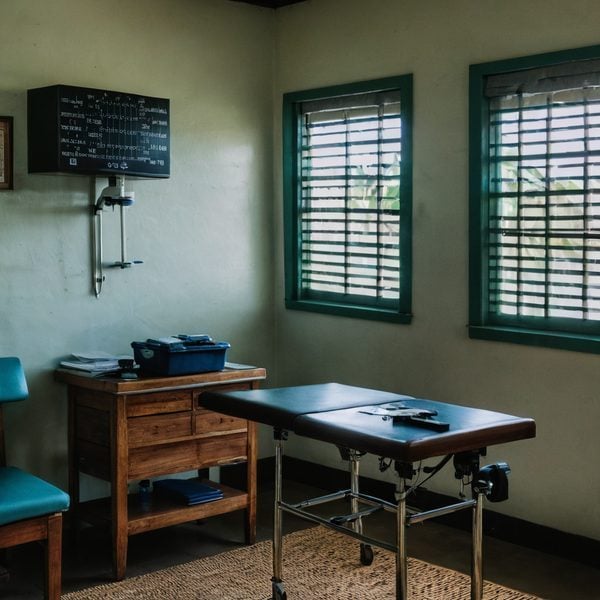 Medical examination room with two windows and a wooden desk.