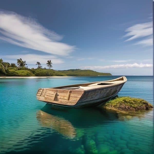 Traditional wooden boat on clear turquoise waters in Fiji.