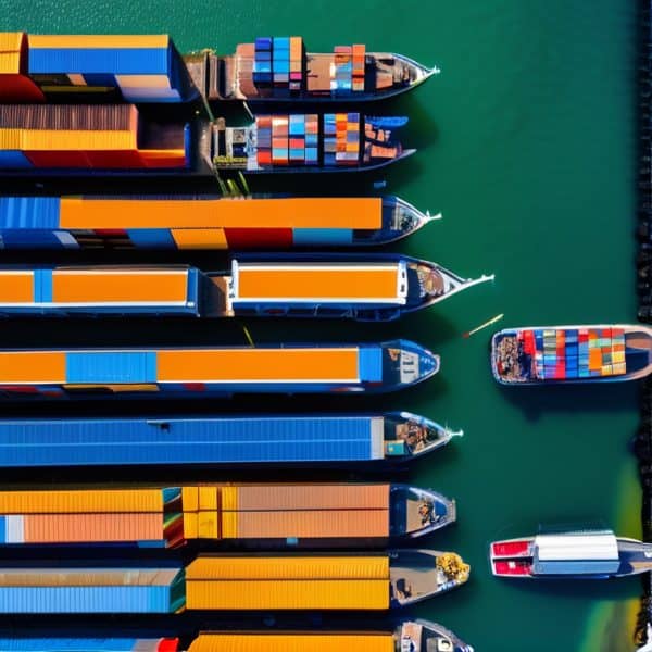 Aerial view of cargo ships with vibrant containers docked at port for global trade.