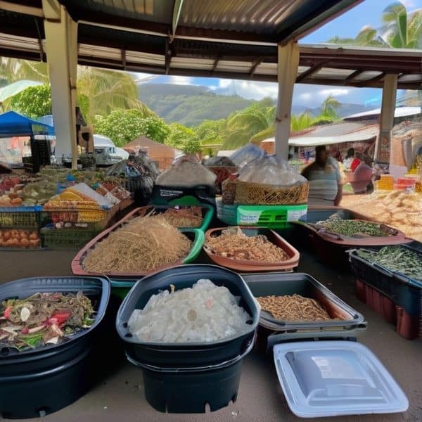 Vibrant fresh produce and local goods at a Fiji outdoor market stall.