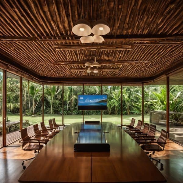 Modern conference room with large screen and tropical views.