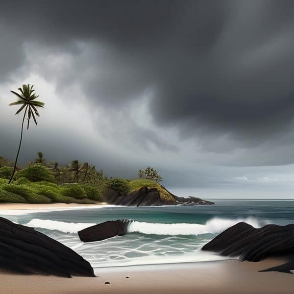 Dramatic storm clouds over a tropical beach with palm trees and black rocks.