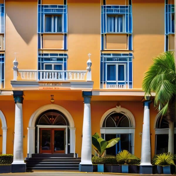 Colorful hotel facade with blue windows and white columns in Fiji.