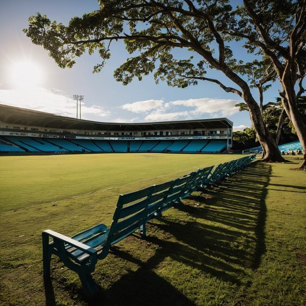 Cricket stadium with empty seats and lush green field in Fiji.