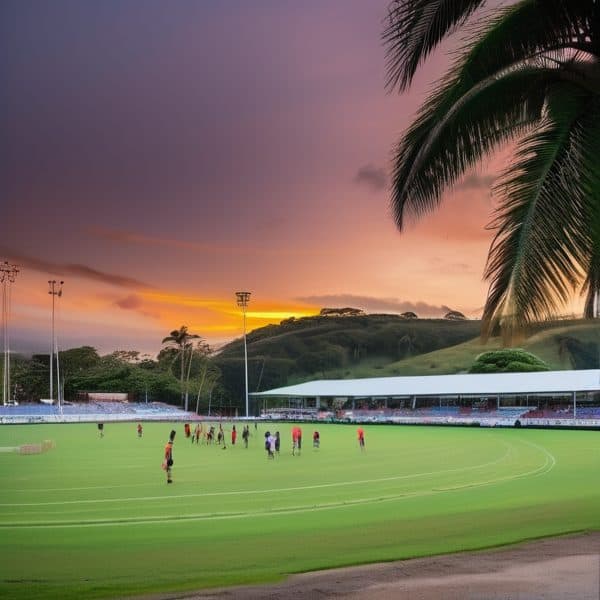 Fiji sports field at sunset with players practicing and scenic background.