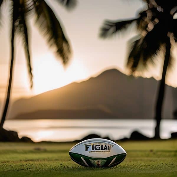 A rugby ball with Fiji logo on a lush field during sunset, with palm trees and a mountain in the bac.