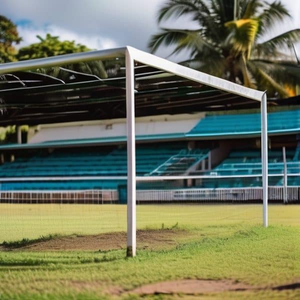 Soccer goal post on a lush green field in Fiji.