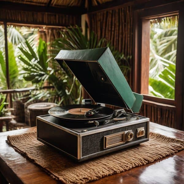 Vintage turntable playing vinyl records in a lush, tropical environment.