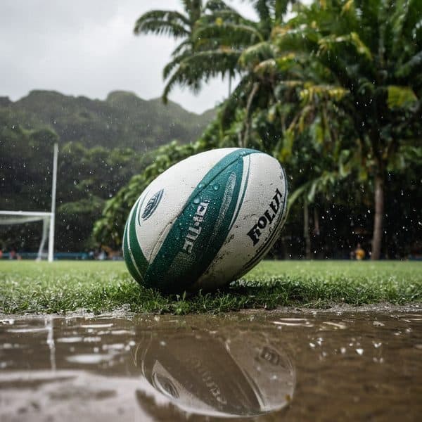 Rugby ball resting on a wet field during rain with lush tropical trees in the background.