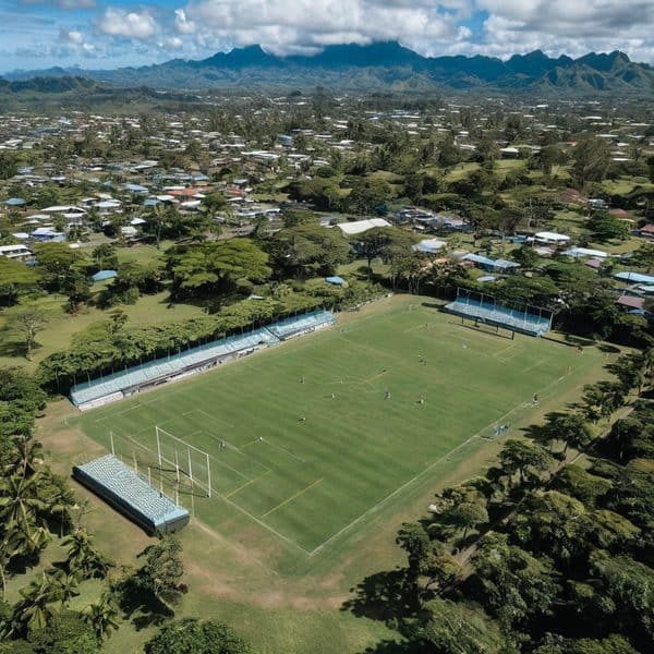 Aerial view of a lush green soccer field in Fiji with surrounding trees and residential area.
