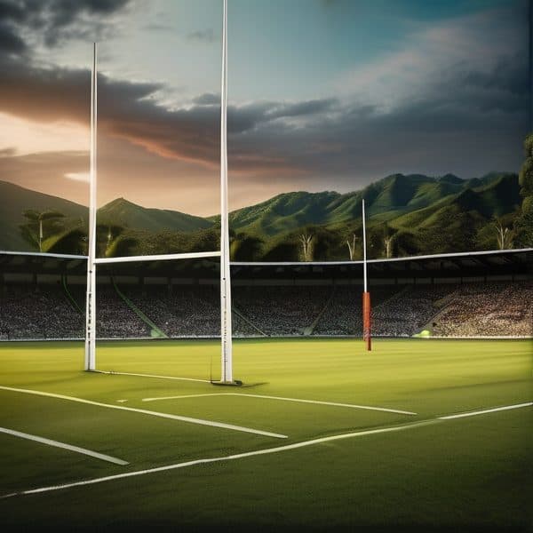 Rugby stadium with goal posts and lush green field at sunset, surrounded by mountains.