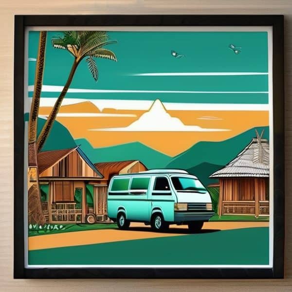 Colorful illustration of a Fiji village with a van, huts, palm trees, and mountains.