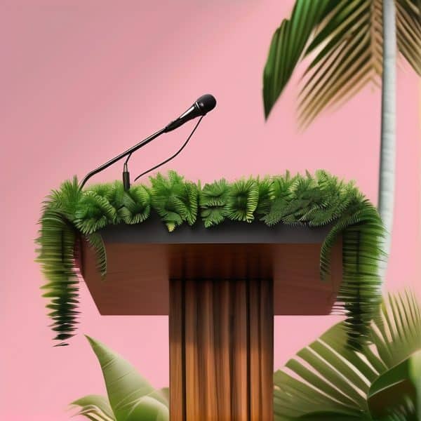 Empty podium with microphone and tropical plants against pink background.