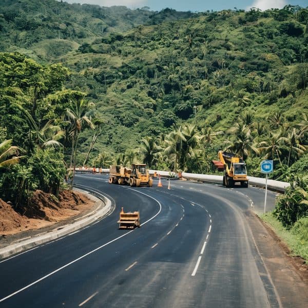Road construction in lush tropical landscape in Fiji.