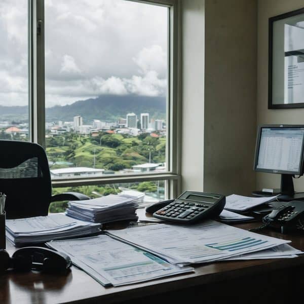 Office workspace with a view of the city and mountains in Fiji.