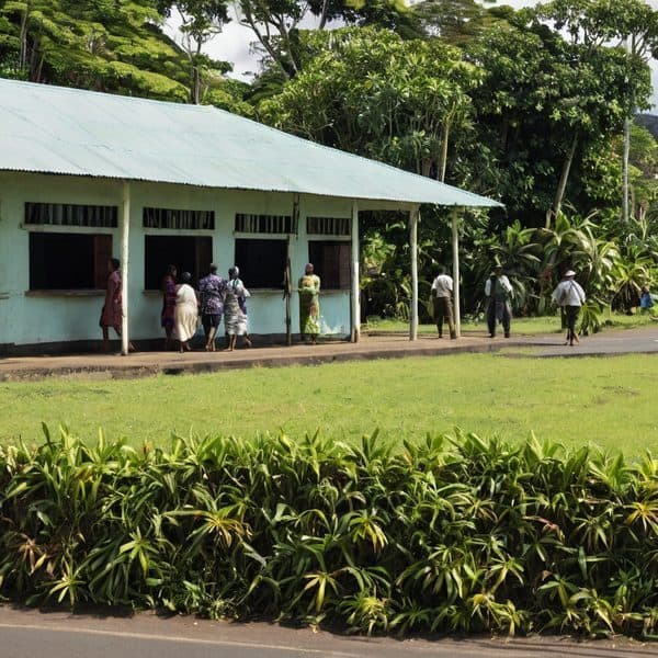 Fiji school community with students and teachers outside a rural school building amid tropical folia.