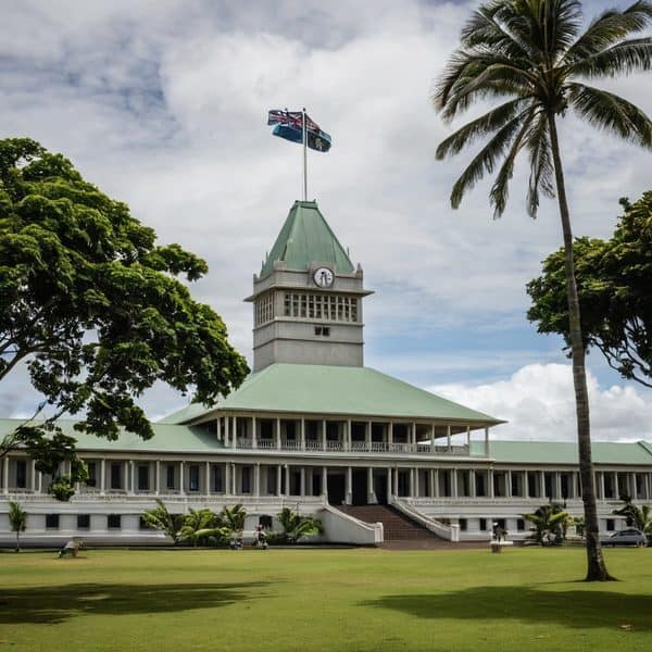 Fiji Parliament House with lush greenery and palm trees.
