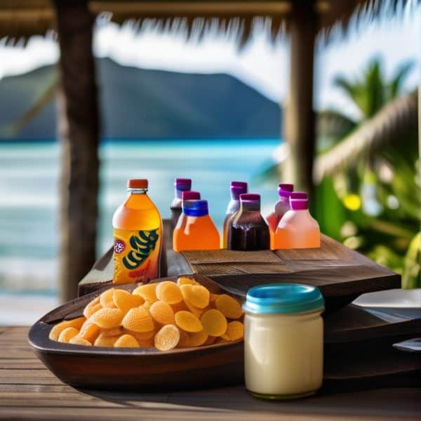 Assorted tropical drinks and snacks on a wooden table by the beach.