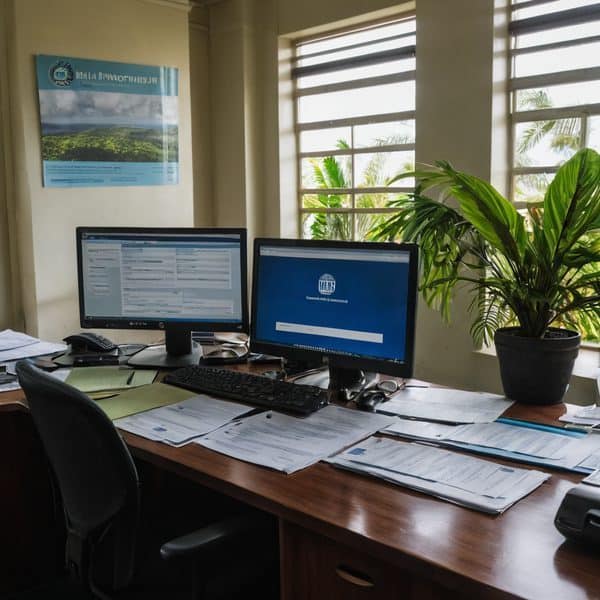 Office desk with dual monitors and paperwork in a bright room.