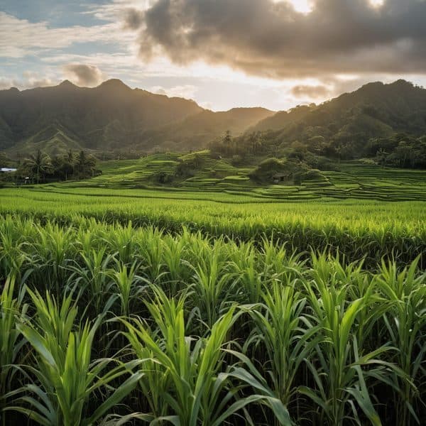 Cornfield in a lush green valley with mountains in the background at sunset.