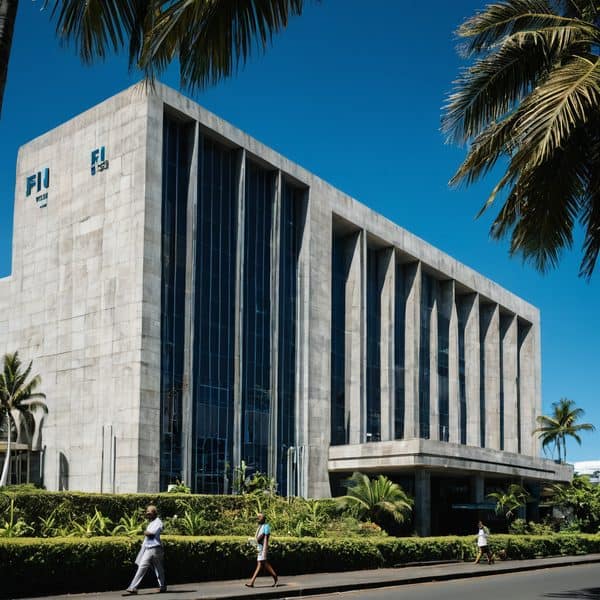 Modern Fiji government office building with glass windows and palm trees.
