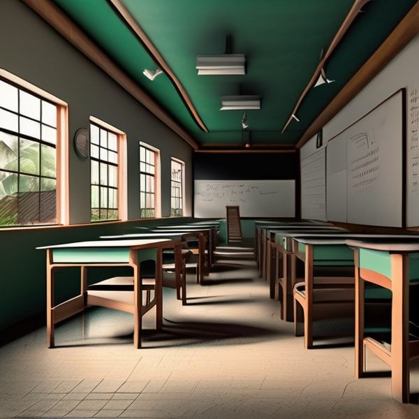 Classroom with desks, windows, and whiteboard, ready for students' learning activities.