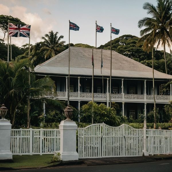 Fiji Government House with flags and lush tropical garden.