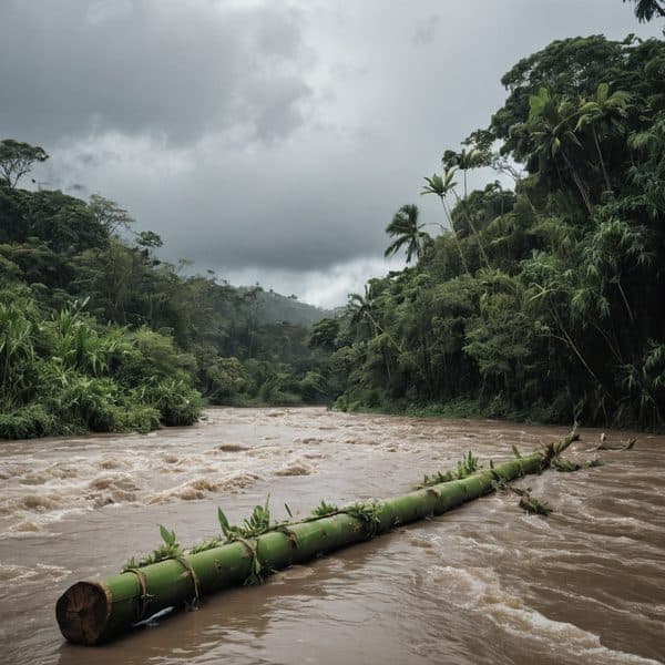 Fallen tree across a tropical river in a lush rainforest.