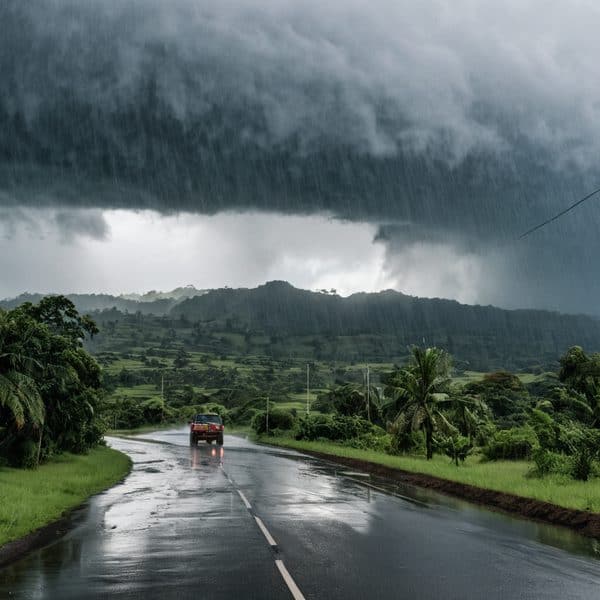 Dark storm clouds over a wet rural road in Fiji during a tropical storm.