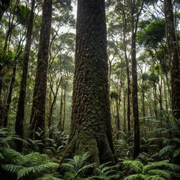 Ancient rainforest featuring tall trees and dense foliage in a vibrant jungle setting.