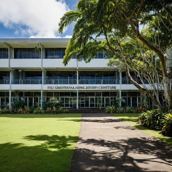 Modern Fiji Global News office building with lush greenery and clear sky.