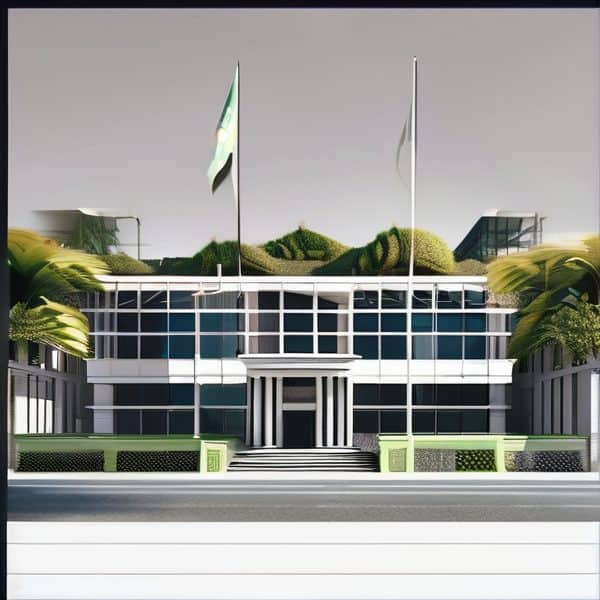 Modern Fiji government office building with flags and greenery.