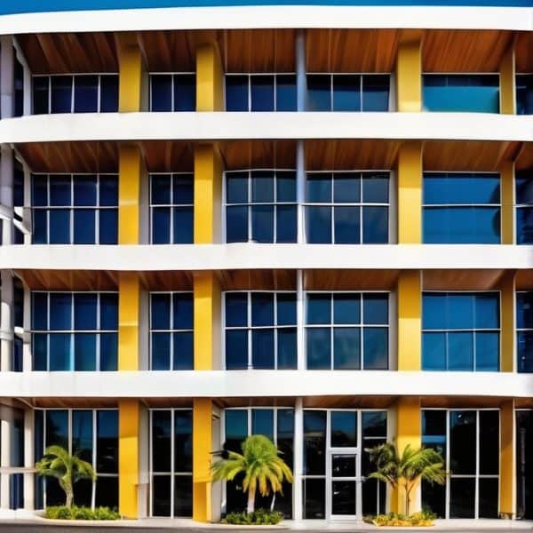 Modern office building with yellow accents and glass windows in Fiji.