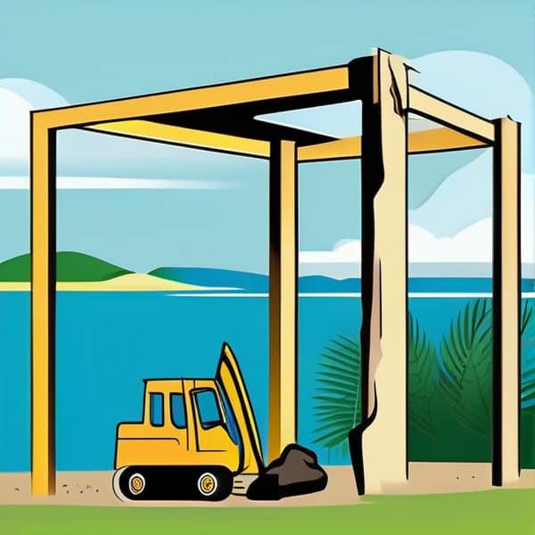 Construction site with a small excavator near the beach in Fiji.