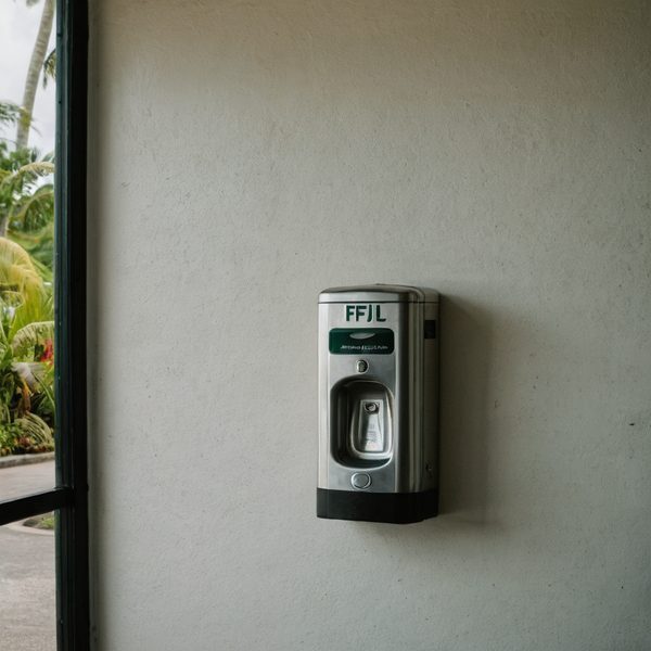 Hand sanitizer dispenser mounted on wall in Fiji.