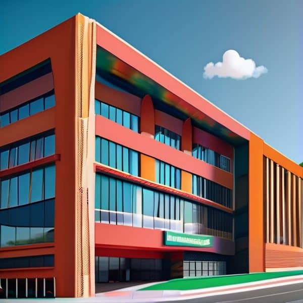 Modern office building with colorful glass facade in Fiji.