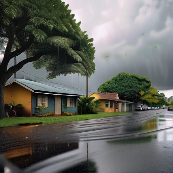Flooded street with houses and large trees during heavy rain in Fiji.