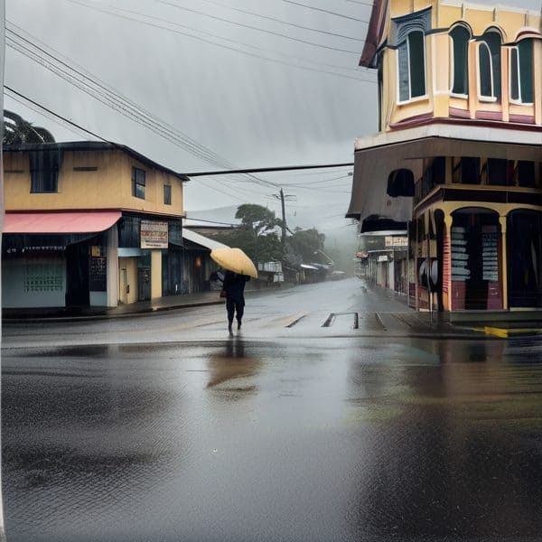 Rainy street scene in Fiji with a person holding an umbrella.