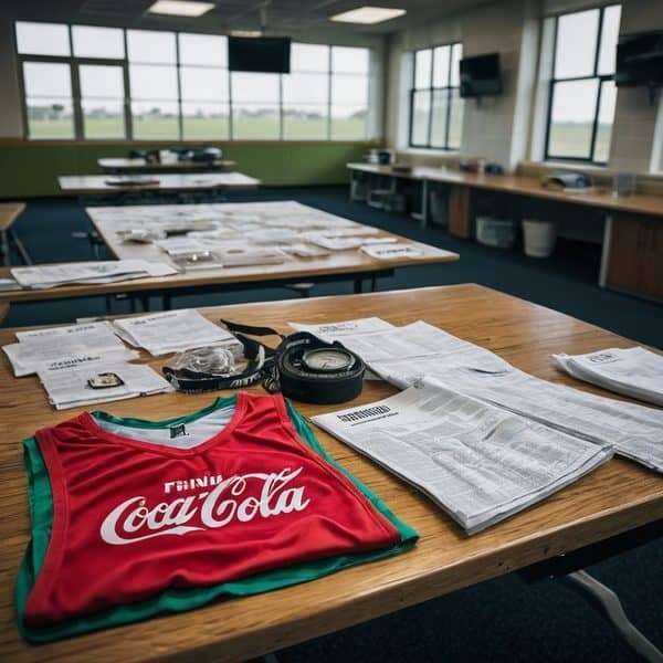Conference room with newspapers, headphones, and Coca-Cola jersey.