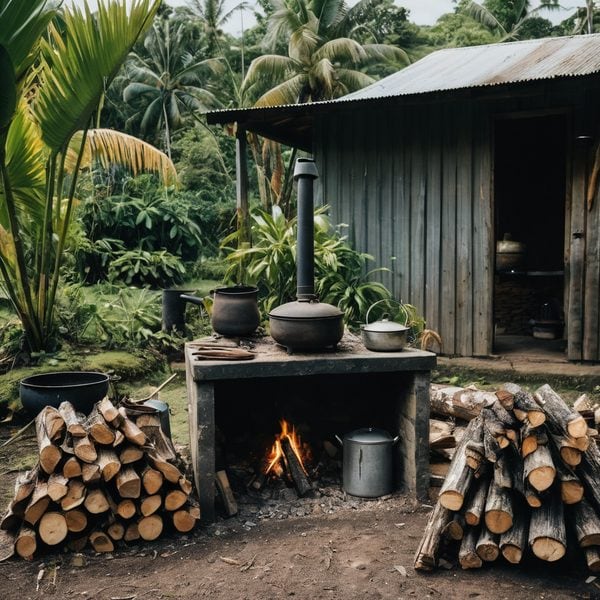 Fiji outdoor cooking scene with wood fire and traditional stove in lush tropical setting.