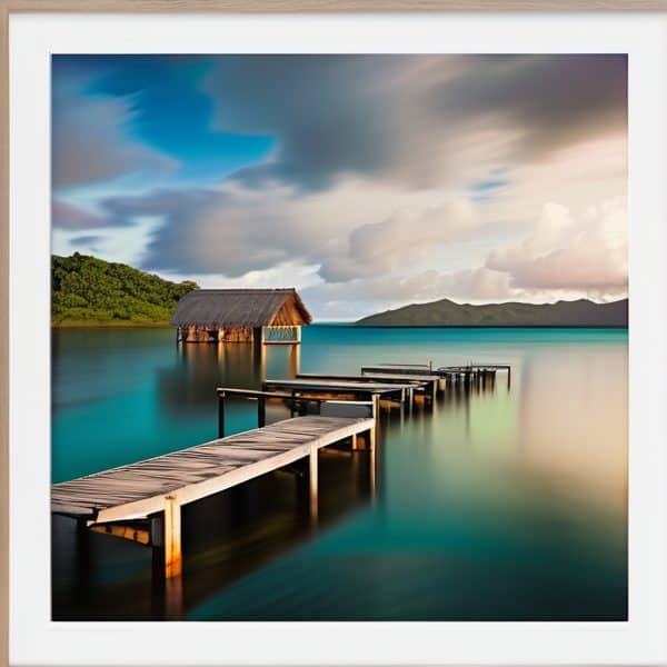 Overwater bungalow and pier in Fiji during sunset with vibrant sky and calm waters.