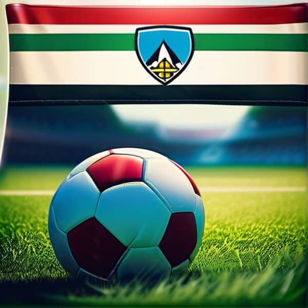 Soccer ball on a football field with Fiji flag colors in the background.