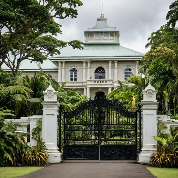 Elegant colonial mansion with lush tropical gardens.