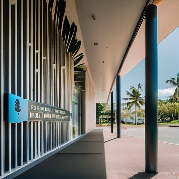 Fiji modern building with tropical landscape, palm trees, and clear blue sky.