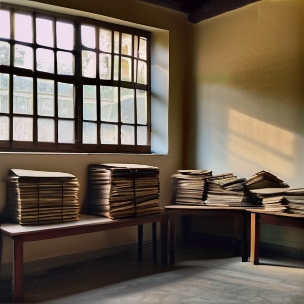 Stacks of paperwork on a wooden table in a well-lit office space.