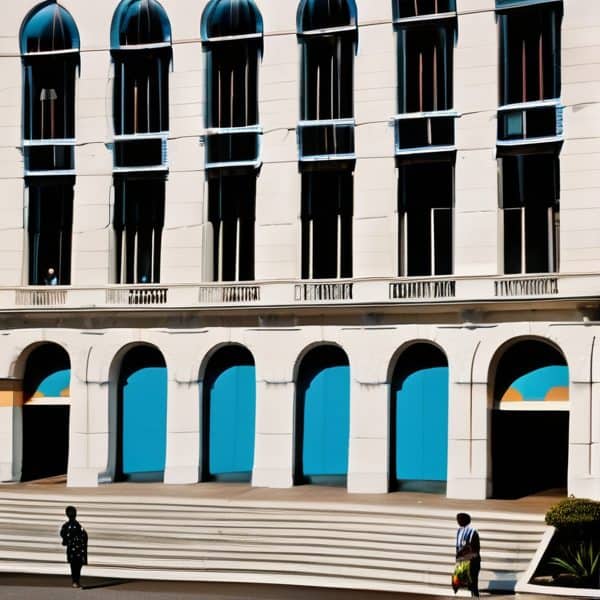 Modern building with blue arches and steps in Fiji.