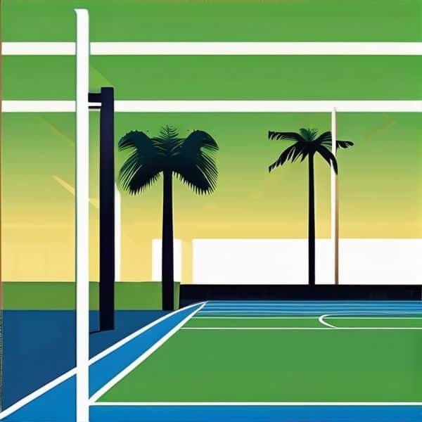 Tennis court surrounded by palm trees under a vibrant sky. Perfect for sports and outdoor recreation.
