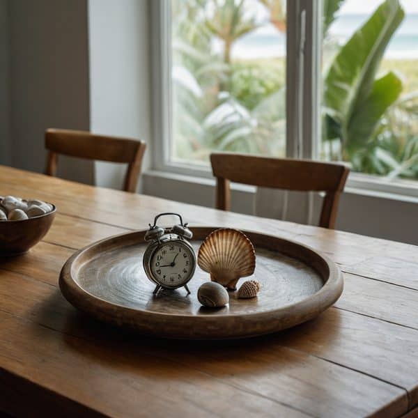 Coastal-themed decor featuring seashells and a vintage clock on a wooden tray by a window.